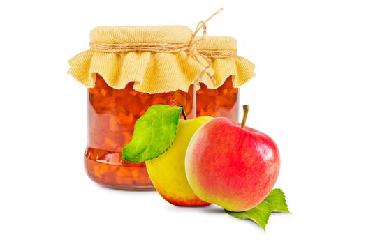 Two Glass jar with apple jam and two fresh apples on white background