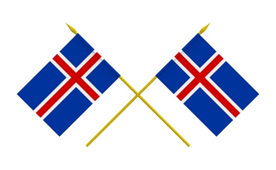 Two crossed flags of Iceland, 3d render, isolated on white