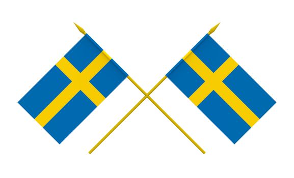 Two crossed flags of Sweden, 3d render, isolated on white