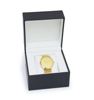 luxury man clock in gift box against white background 