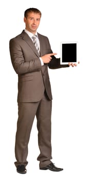 Businessman holds tablet pc. Isolated white background