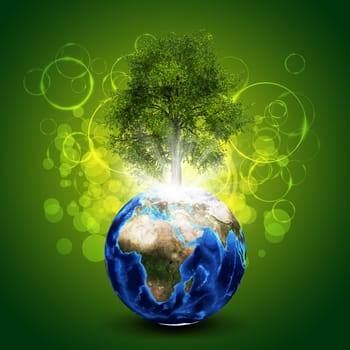 Earth with magical green tree and rays of light on dark background. Elements of this image are furnished by NASA