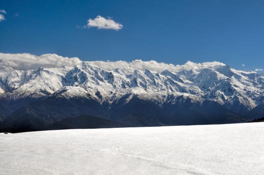 Panoramic view of peaks of Caucasus Mountains covered in snow, Svaneti Province