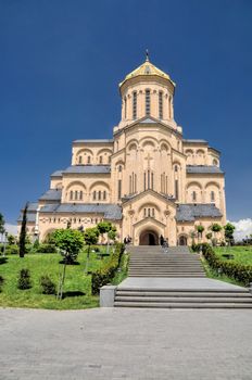 Close-up view of the Sameba Cathedral bathing in sunlight, Tbilisi 