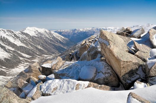 A rocky slope covered in snow in Kackar Mountains, Turkey