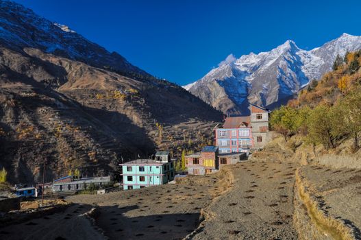 Houses built in a gorge in Keylog in the setting sun, Himachal Pradesh