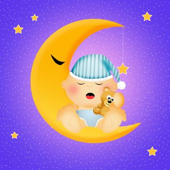 illustration of baby sleeping on the moon