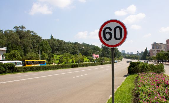 the speed limit sign on the street in Pyongyang. North Korea