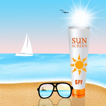 illustration of solar lotion on the beach