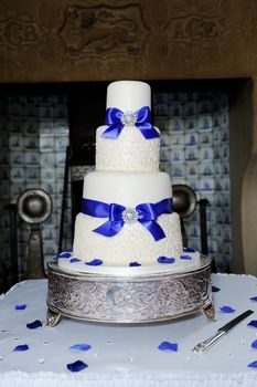 Blue and white wedding cake at wedding reception