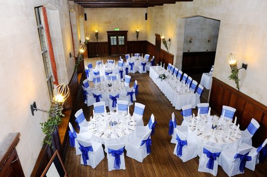 Wedding reception with blue and white decoration