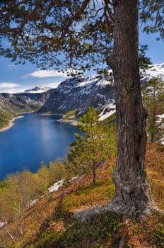 Picturesque view of part of the lake lying under Trolltunga in Norway