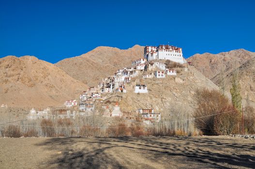 Picturesque side view of Chemrey monastery from the distance, Ladakh