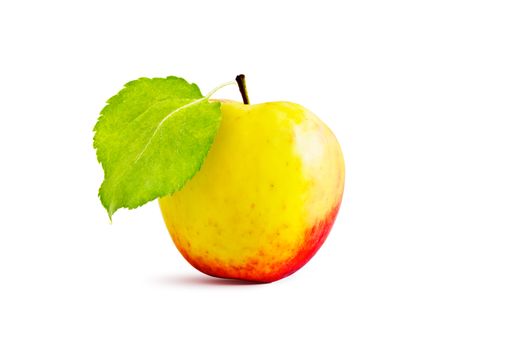 Ripe red and yellow apple and green leaves on a white background