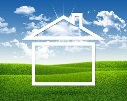 House icon on background of green grass and blue sky. Business concept