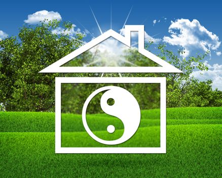 House icon with symbol of yin-yang. Green grass and blue sky as backdrop