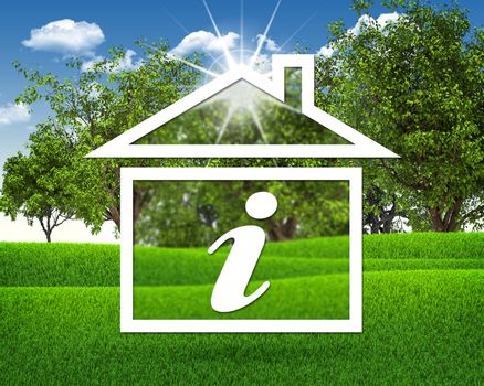 House icon with internet symbol. Green grass and blue sky as backdrop