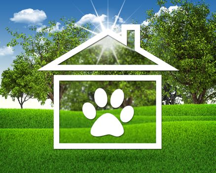 House icon with footprint of an animal. Green grass and blue sky as backdrop