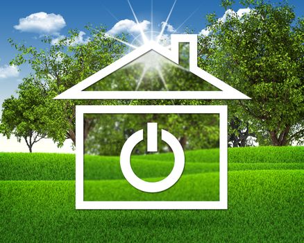 House icon with power button. Green grass and blue sky as backdrop