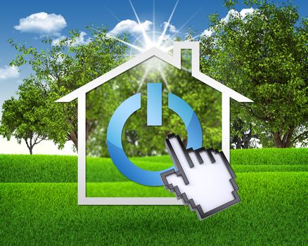 House icon with power button and computer hand. Green grass and blue sky as backdrop