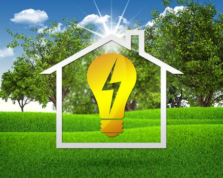 Symbol of light bulb and house. Green grass and blue sky as backdrop