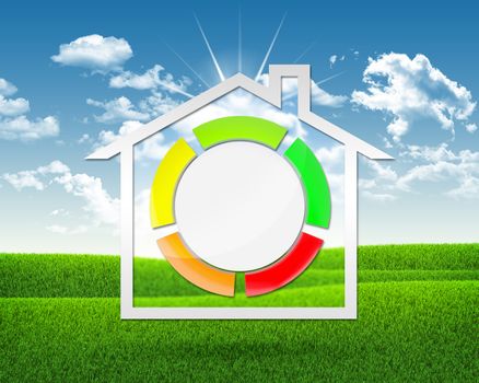 House icon and stylized button. Background of green grass and blue sky