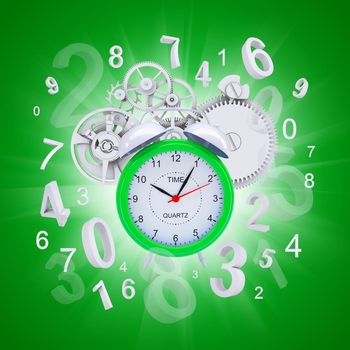 Alarm clock with figures and white gears. Green background