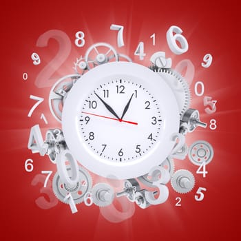 Clock face with figures and white gears. Red background
