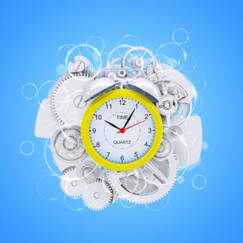 Alarm clock with figures and white gears. Blue background