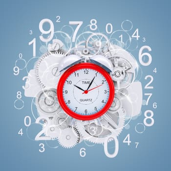 Alarm clock with figures and white gears. Blue background