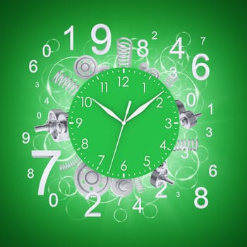 Clock face with springs and gears. Green background