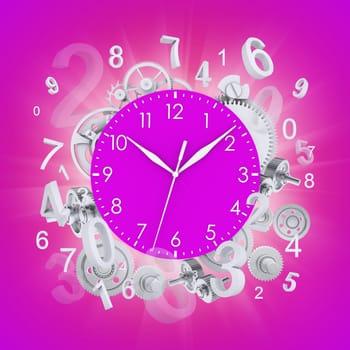 Clock face with springs and gears. Pink background