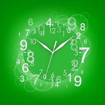 Clock face with white figures. Green background