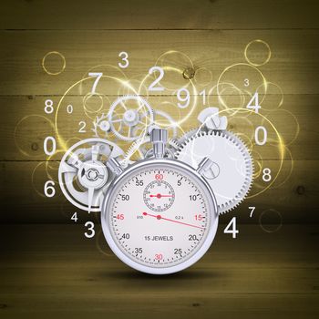 Stopwatch with figures and gears. Wooden background