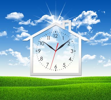House icon with clock face on background of green grass and blue sky