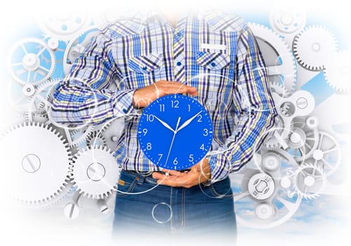 Man hold clock with gears. Blue background