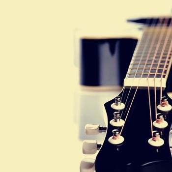 Musical instrument. Detail of a musical instrument. Strings on a guitar.