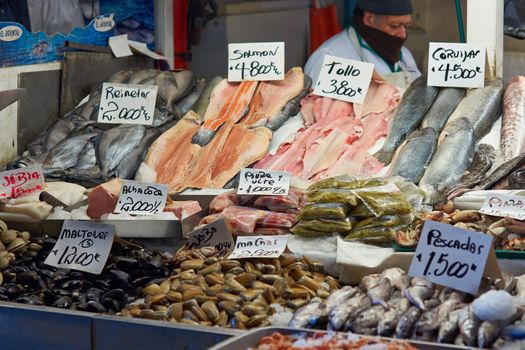 Fresh seafood for sale in the historic main fish market in the centre of Santiago, capital of Chile