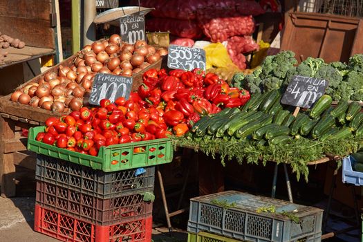 Fresh fruit and vegetables for sale in the historic Central Market (La Vega) in Santiago, capital of Chile