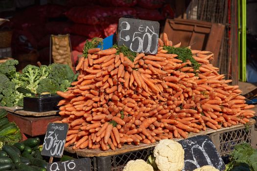 Fresh fruit and vegetables for sale in the historic Central Market (La Vega) in Santiago, capital of Chile