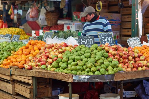 Fresh fruit and vegetables for sale in the historic Central Market (La Vega) in Santiago, capital of Chile