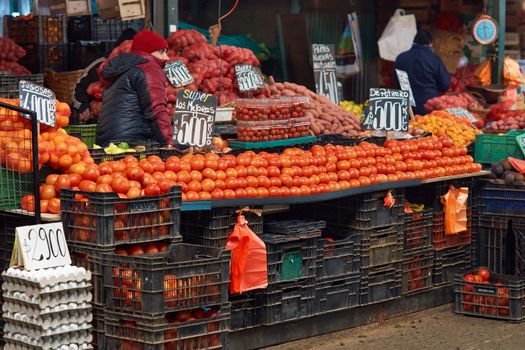 Fresh fruit and vegetables for sale in the historic Central Market (La Vega) in Santiago, capital of Chile