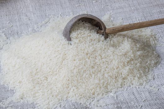 Thai  jasmine rice in a wood bowl.