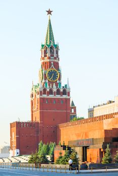 Lenin's Mausoleum and Kremlin tower in Moscow