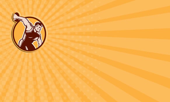 Business card showing illustration of a discus thrower set inside circle done on isolated background in woodcut retro style. 