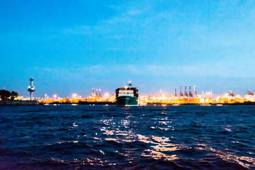 Abstract: Painting on an industrial container cargo freight ship with working crane bridge in shipyard at dusk for Logistic Import Export background - photo processed with painting effect