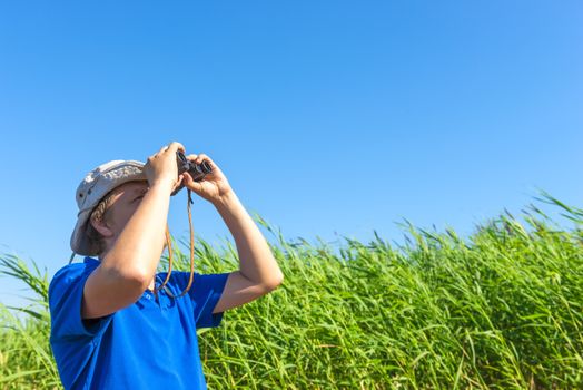 man looks for through the reeds with binoculars