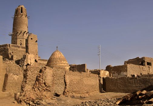 Scenery of Al-Qasr with minaret, a village in the Dakhla Oasis in Egypt 