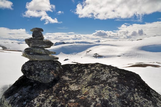 Close-up view of a pile of rocks on a mossy mountain 