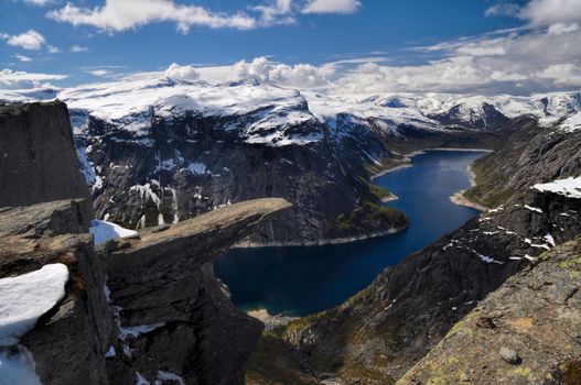 Picturesque view of Trolltunga and the fjord underneath, Norway 